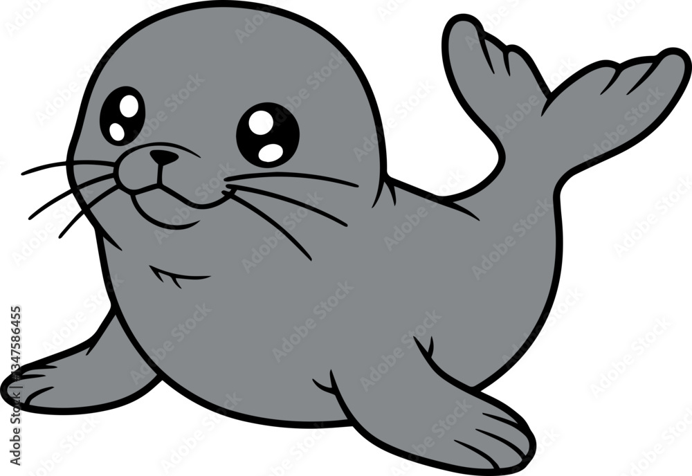 Cute Cartoon Seal With Big Eyes Swimming Playfully Cute Cartoon Seal With Big Eyes Swimming Playfully