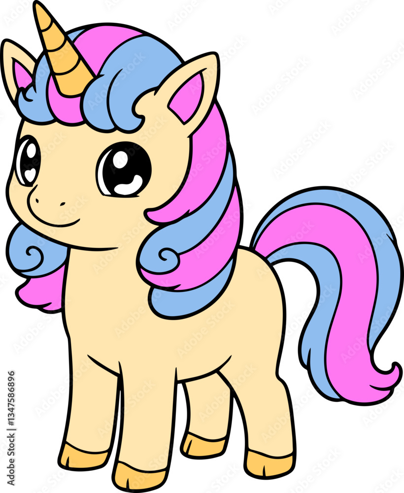 Naklejka premium Adorable Cartoon Unicorn with Colorful Mane and Playful Expression