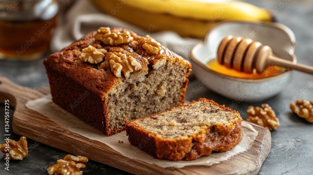 Delicious Homemade Banana Bread Sliced and Served with Walnuts and Honey Delicious Homemade Banana Bread Sliced and Served with Walnuts and Honey
