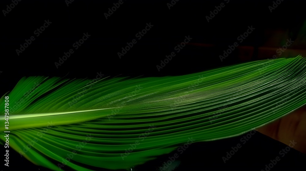Naklejka premium Green Bird Feather on Black Background, Abstract Image, Texture, Pattern Background, Wallpaper, Cover and Screen for Smartphone, PC, Laptop, 9:16 and 16:9 Format