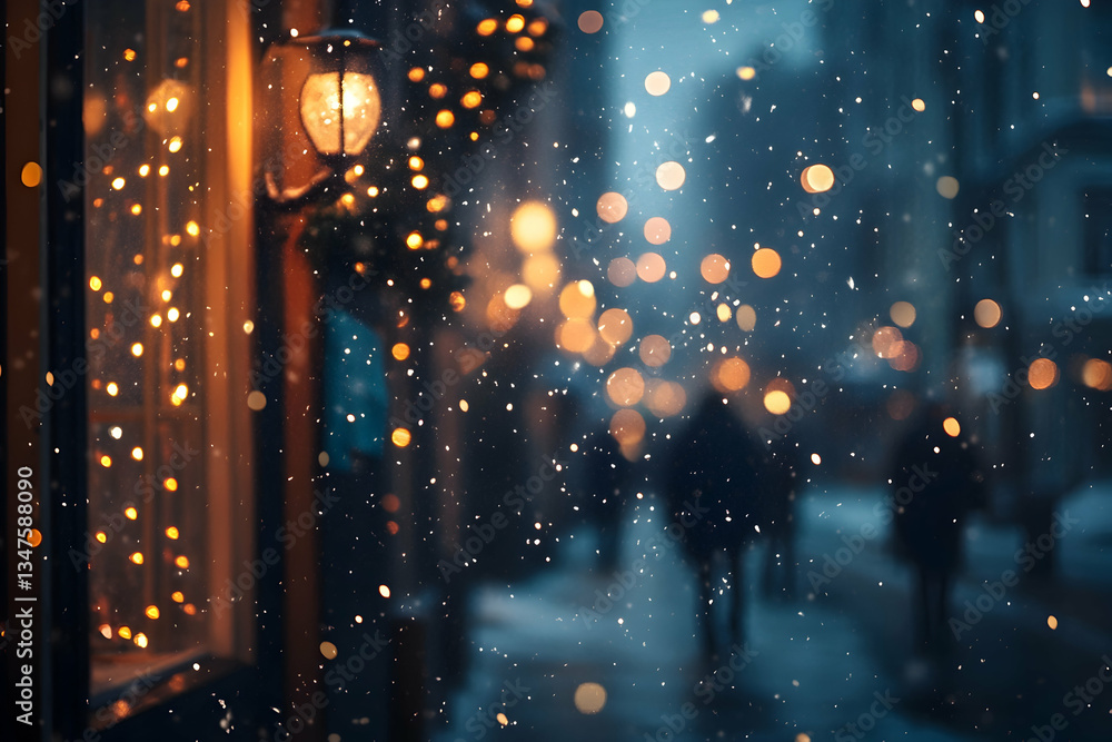 Obraz premium Festive evening street with blurred snowfall and decorative Christmas lights