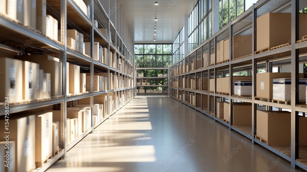 Warehouse storage, sunlight, boxes, inventory, logistics, distribution, efficiency, modern Warehouse storage, sunlight, boxes, inventory, logistics, distribution, efficiency, modern