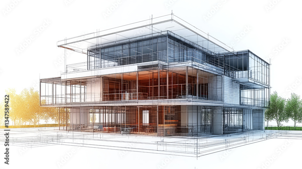 Obraz premium Modern Glass House Architectural Design: Luxury Home Blueprint
