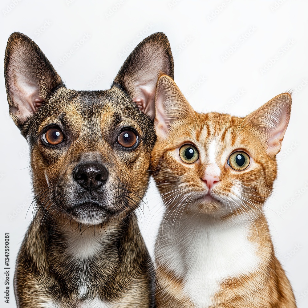 Obraz premium A photo of a dog and a cat staring at the camera, set against a plain white backdrop