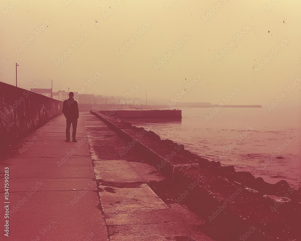 Fototapeta premium A young man is standing on the waterfront, gazing out at the sea