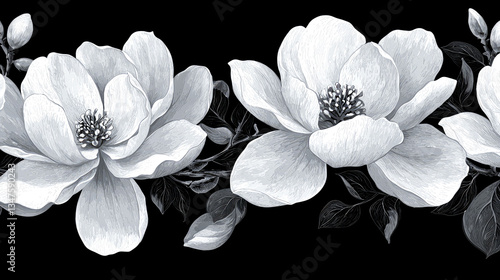 Monochrome Magnolia Blossom: Elegant Floral Seamless Pattern