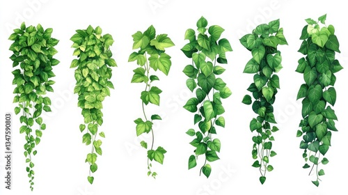 Green Ivy Cartoon Vector Illustration Set. Creeper tree foliage border, garden decoration. Room garden decorative flora isolated on white background.