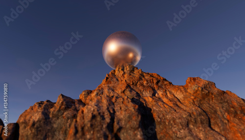 Silver sphere on a mountain top under a clear sky