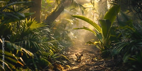 Cinematic wildlife shot of Northern Brushtail Possum navigating through dense rainforest under misty morning light captured long lens golden hour ambiance enhance the lush greens and warm highlights
