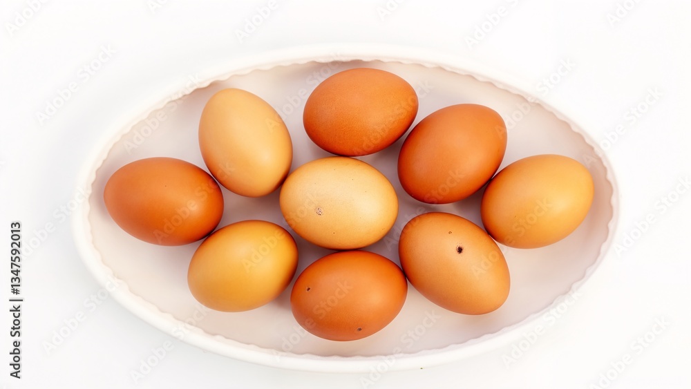 A white bowl filled with brown eggs on top of a white surface. A white bowl filled with brown eggs on top of a white surface.