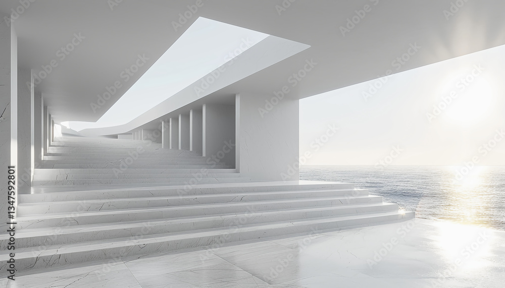 Obraz premium Modern Minimalist Stairway Leading to Ocean View Under Bright Sunlight