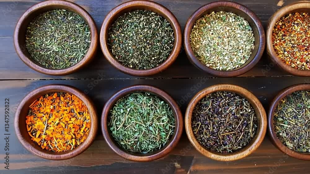 A vibrant display of assorted spices in wooden bowls on a rustic wooden table, showcasing their textures and colors A vibrant display of assorted spices in wooden bowls on a rustic wooden table, showcasing their textures and colors