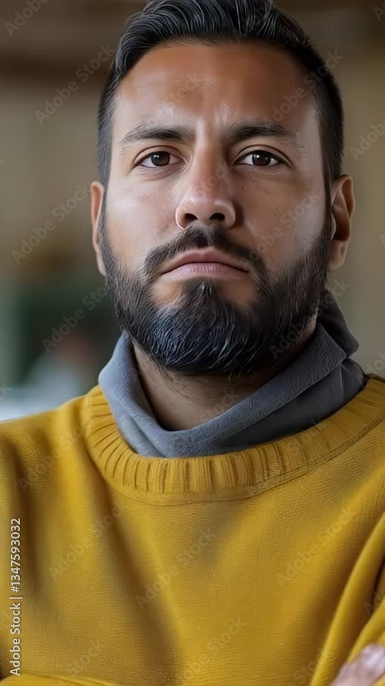 Latino male confidently standing, arms crossed, yellow sweater and gray scarf, serious gaze directly facing camera lens Latino male confidently standing, arms crossed, yellow sweater and gray scarf, serious gaze directly facing camera lens