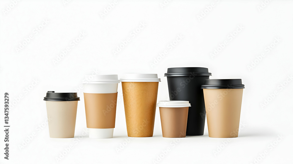 Collection Of Paper Coffee Cups In Different Sizes On White Background Collection Of Paper Coffee Cups In Different Sizes On White Background