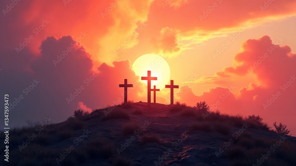 Fototapeta premium A sunset with three crosses on top of a hill.