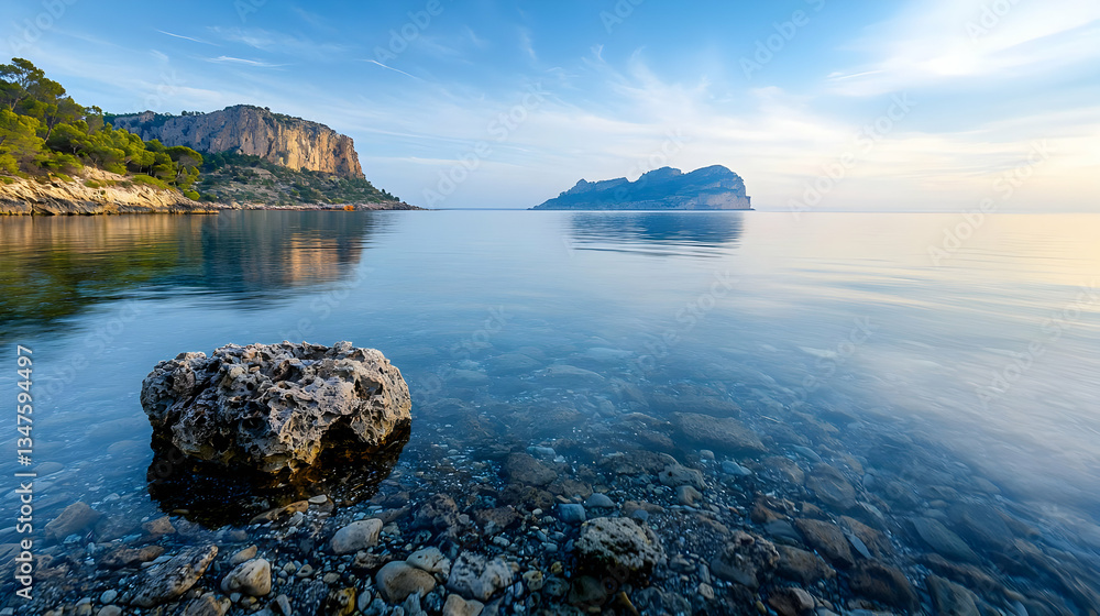 Serene Coastal View Featuring Clear Water Rocky Shoreline and Distant Island Under Blue Sky Serene Coastal View Featuring Clear Water Rocky Shoreline and Distant Island Under Blue Sky