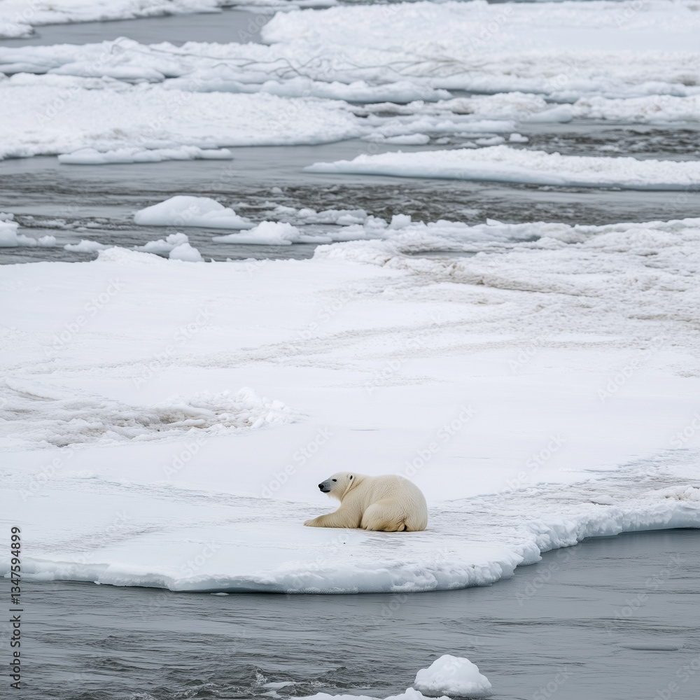Fototapeta premium Photo of a vulnerable single polar bear on melting ice