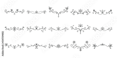 Set of Elegant Hand-Drawn Floral Dividers and Decorative Swirl Ornaments – Vintage Botanical Line Art Borders for Invitations, Greeting Cards, and Design Elements