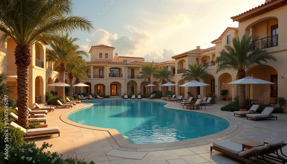 Fototapeta premium Luxury hotel swimming pool at sunset on Cyprus island. Tropical resort with turquoise water, palm trees, sunbeds, umbrellas. Vacation, travel, relaxation in sunny paradise. Architecture of villa