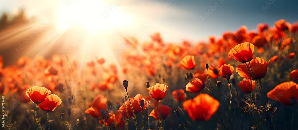 Obraz premium Poppy Field with Sun Rays