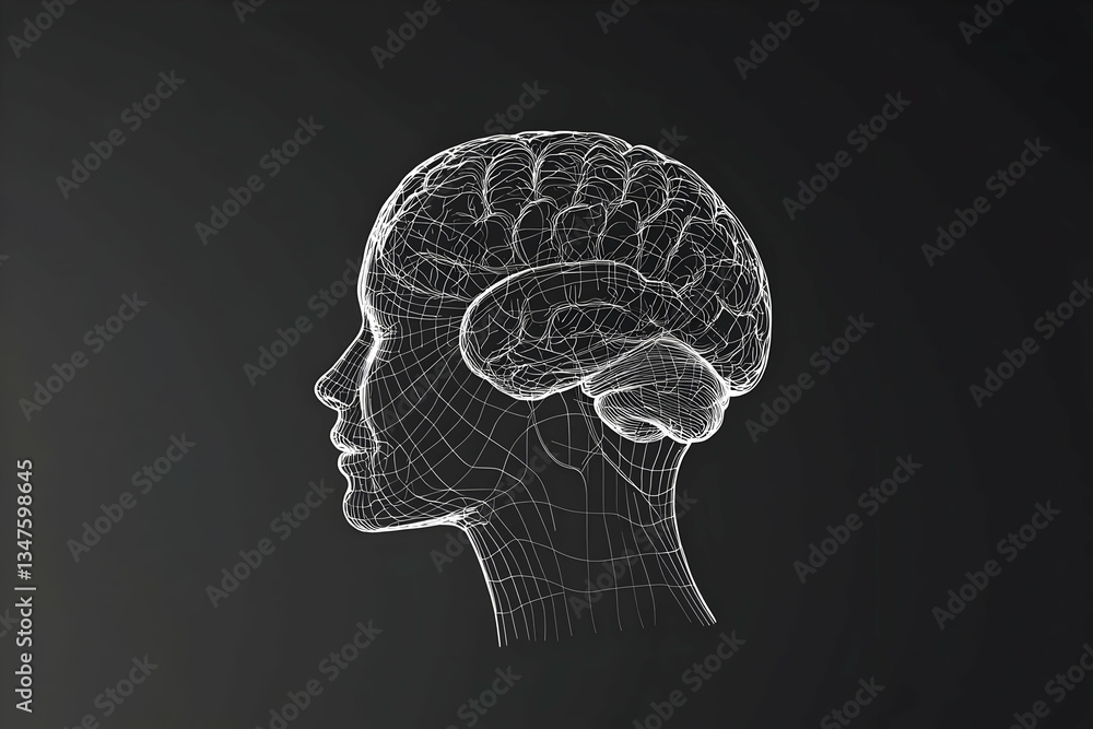 Fototapeta premium Wireframe head, brain, profile, dark background, medical