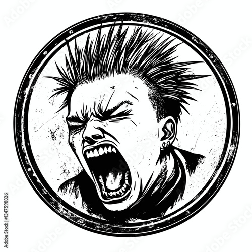 Retro Punk Badges With Angry Screaming Punk Face
