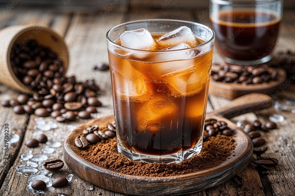 Elegant Ice Cold Cold Brew in Glass with Coarse Coffee Grounds on Rustic Wood Table Elegant Ice Cold Cold Brew in Glass with Coarse Coffee Grounds on Rustic Wood Table