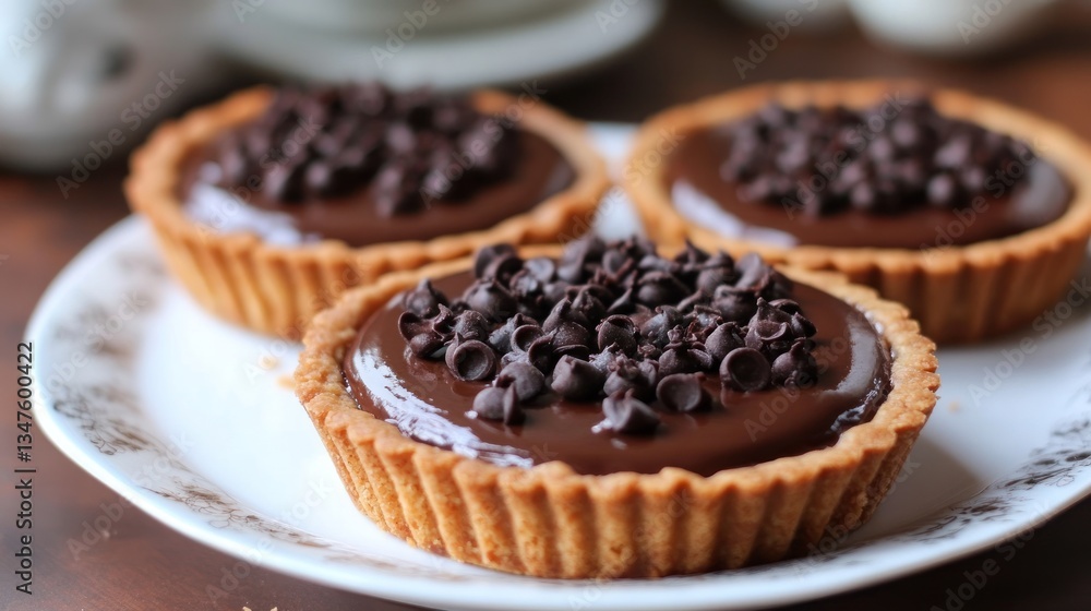 Chocolate tartlets, topped with chocolate chips Chocolate tartlets, topped with chocolate chips