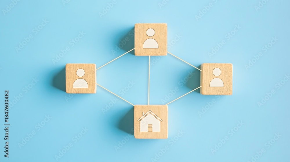 A wooden block with a home symbol, set against a blue background, is used in a 3D render to represent Internet Technology Concept, with white strings signifying user network connections A wooden block with a home symbol, set against a blue background, is used in a 3D render to represent Internet Technology Concept, with white strings signifying user network connections