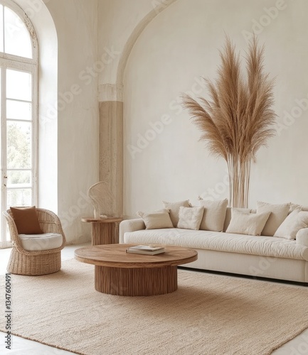 Beige living room with rattan chair, wooden coffee table, and pampas grass