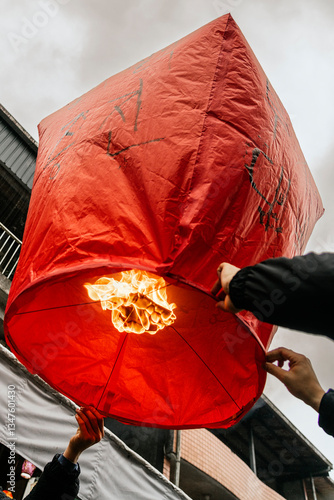 Close-up of a red Chinese lantern being released in Taiwan