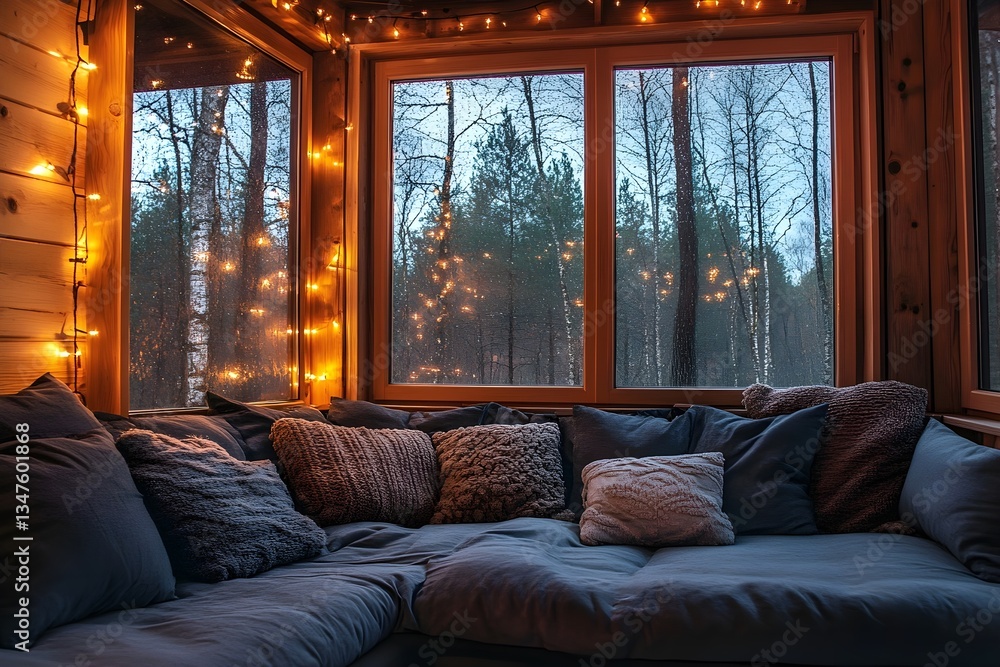 Fototapeta premium Dark bedroom with bed and large windows overlooking the rainy night forest