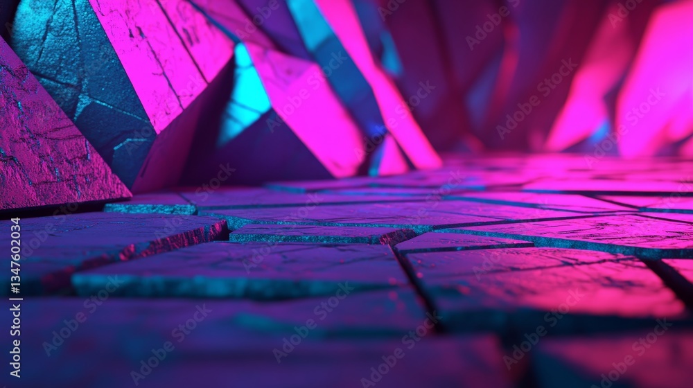 Naklejka premium This colorful, high-tech 3D wallpaper presents an illuminated abstract surface, where blue and pink tones converge with intricate tetrahedrons