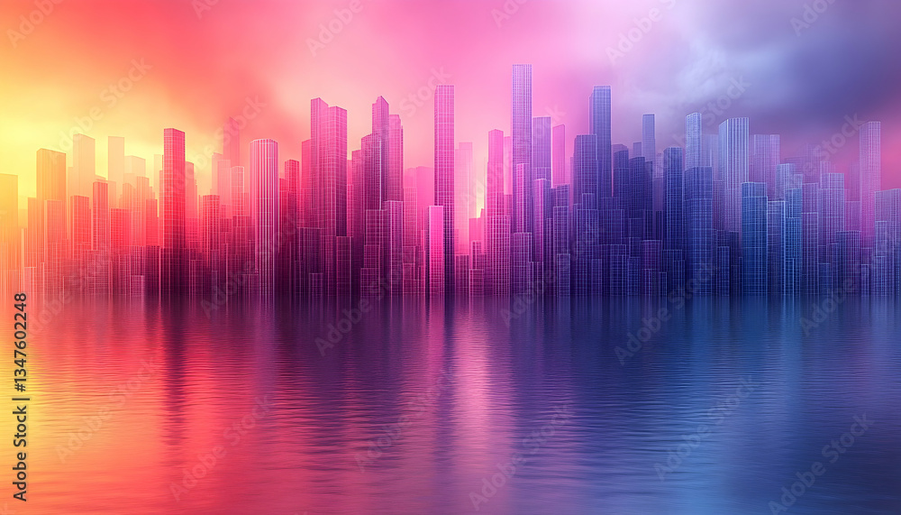 Vibrant city skyline reflected in calm water at sunset, showcasing colorful skyscrapers and a peaceful atmosphere Vibrant city skyline reflected in calm water at sunset, showcasing colorful skyscrapers and a peaceful atmosphere