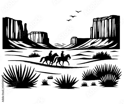 Cowboys on the Road, Vector Illustration in Vintage Timeless Clean Art Style