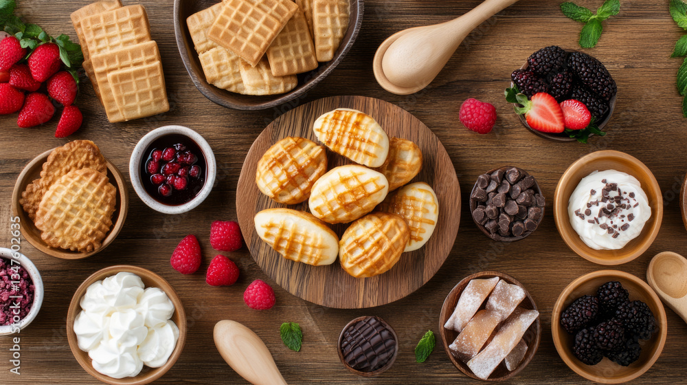 Delicious waffles and fresh fruit with toppings on a wooden table Delicious waffles and fresh fruit with toppings on a wooden table
