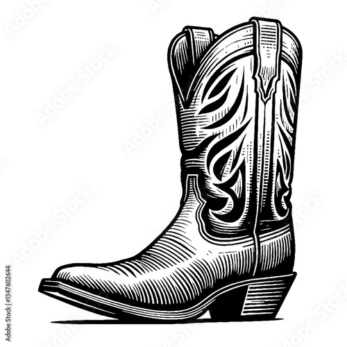 Cowboy Boot Silhouette, Vector Illustration in Detailed Vintage Style