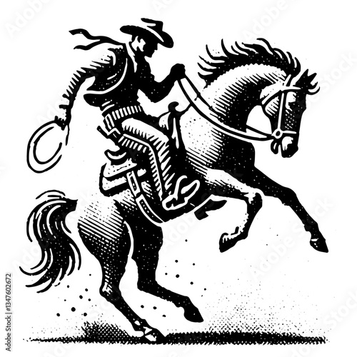 Cowboy Riding Bucking Stallion, Vintage Classic Timeless Style Vector Illustration