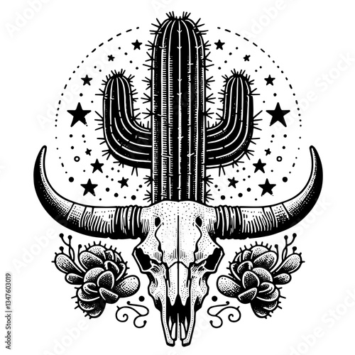 Steer Bull Bison Longhorn Skull with Flowering Cactus, Vector Illustration in Vintage Detailed Art Style