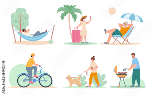 Summer activities people set. Happy men and women characters relaxing outside. Summer tourist vocation vector illustrations isolated on white background.