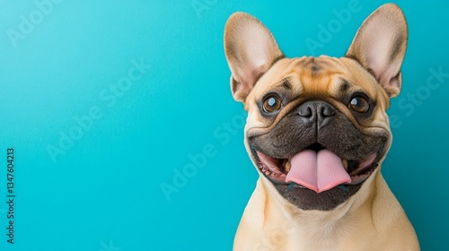 National Pet Day, Happy French Bulldog Puppy Dog Portrait Against Teal Background