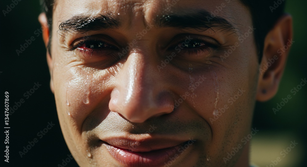 Close-up Portrait of a Sweaty, Tearful Young Man, Showing Emotion and Distress, Outdoors in Sunlight Close-up Portrait of a Sweaty, Tearful Young Man, Showing Emotion and Distress, Outdoors in Sunlight