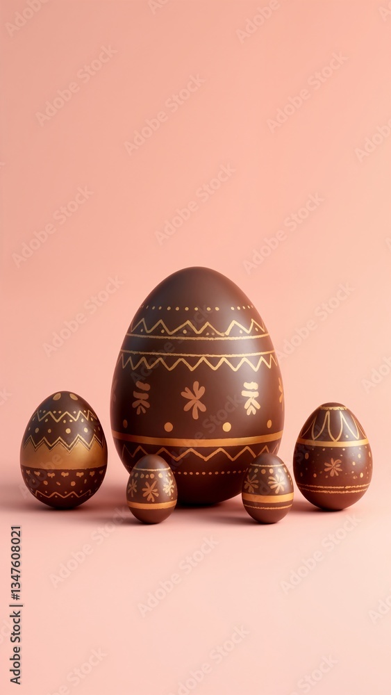 A group of chocolate easter eggs sitting on top of a pink surface. A group of chocolate easter eggs sitting on top of a pink surface.