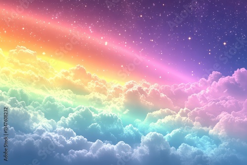 A soft watercolor rainbow emerges through a dreamy sky, blending pastel hues with gentle clouds—ideal for backgrounds, children’s designs, fantasy artwork, book covers, or inspirational visuals.