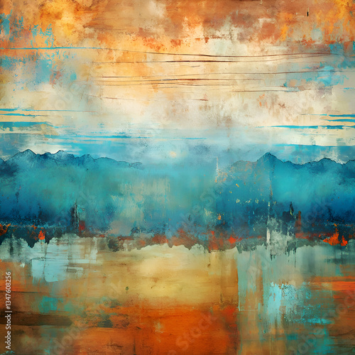 Abstract Mountain Landscape Painting with Blue and Gold Tones