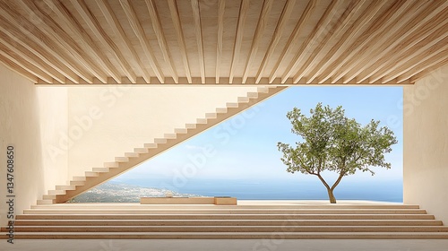 Wooden Staircase with Sea View, and Olive Tree.