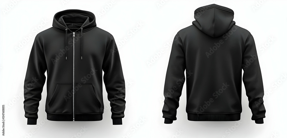 custom made wallpaper toronto digitalA stylish black zipper hoodie mockup, shown in both front and back views with a clean white background. 40k, , high resolution