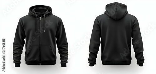 A stylish black zipper hoodie mockup, shown in both front and back views with a clean white background. 40k, , high resolution