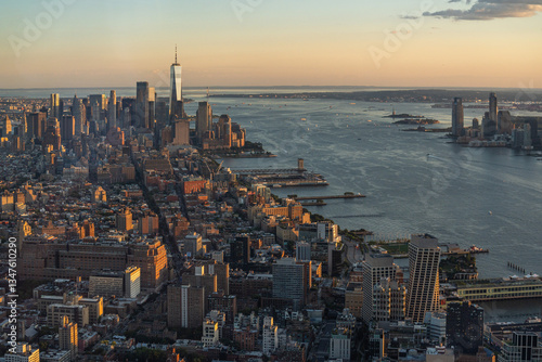 Beautiful view of Manhattan at sunset seen from the observation deck of the Edge (30 Hudson Yards), New York City
