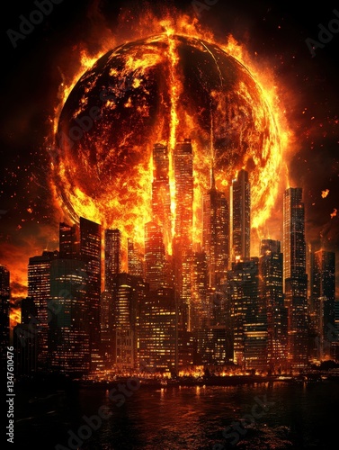 Giant burning sun over a modern city, lighting the sky with fire and extreme heat. An apocalyptic vision of climate change and environmental catastrophe.